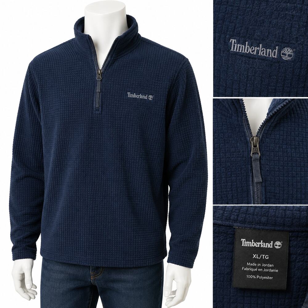 Timberland Mens XL Fleece Pullover Navy Blue Textured 1/4 Zip Outdoor Sweater